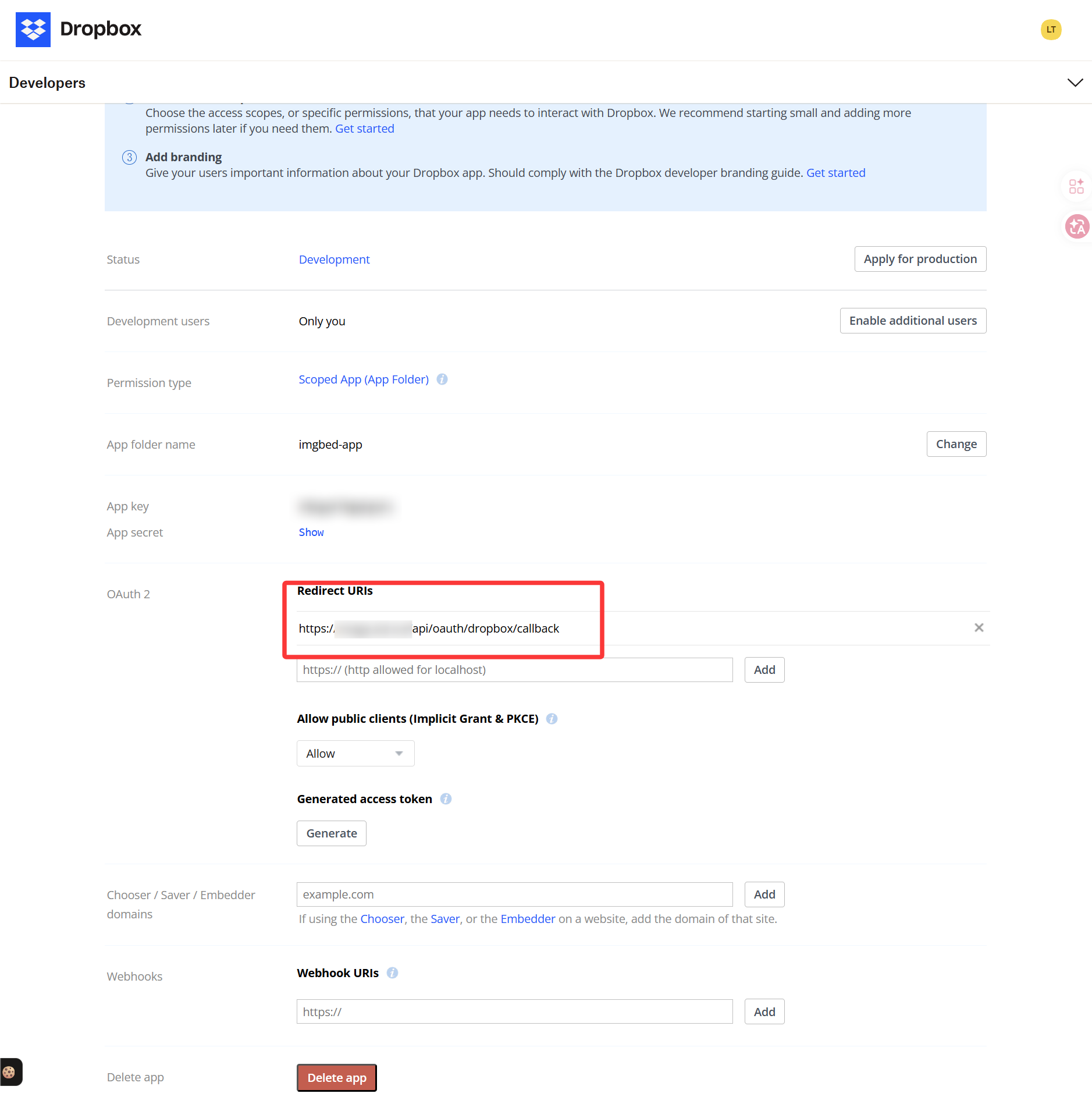 Configure redirect URI